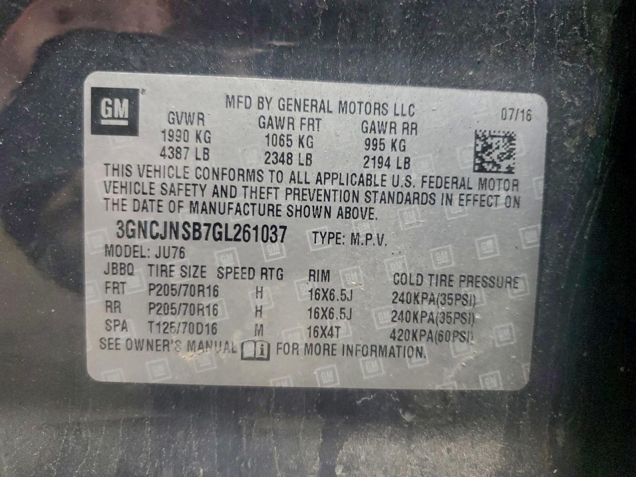 2016 Chevrolet Trax Ls VIN: 3GNCJNSB7GL261037 Lot: 94130245