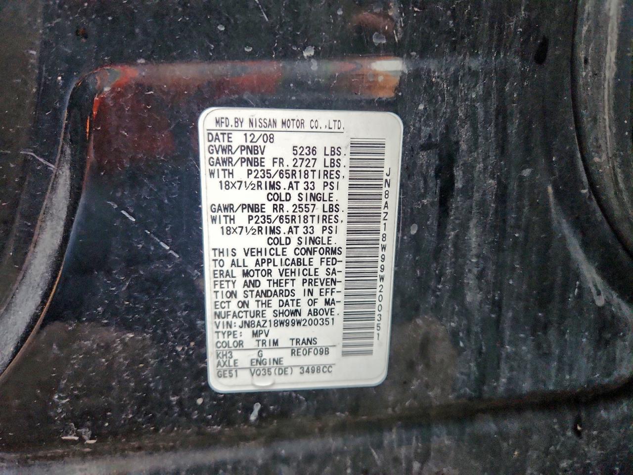 2009 Nissan Murano S VIN: JN8AZ18W99W200351 Lot: 93834115