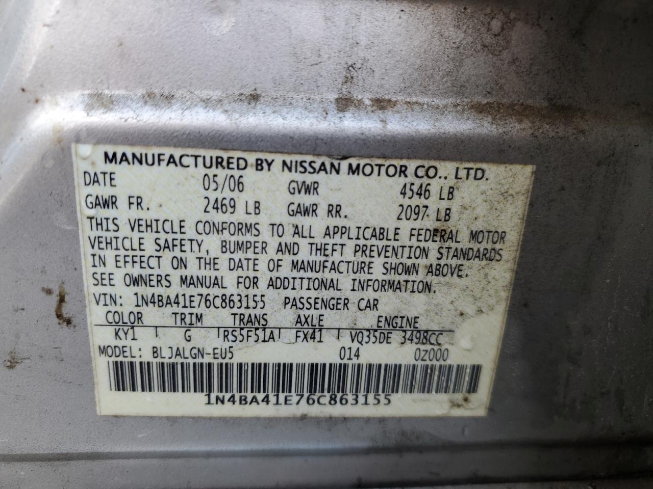 2006 Nissan Maxima Se VIN: 1N4BA41E76C863155 Lot: 91377205