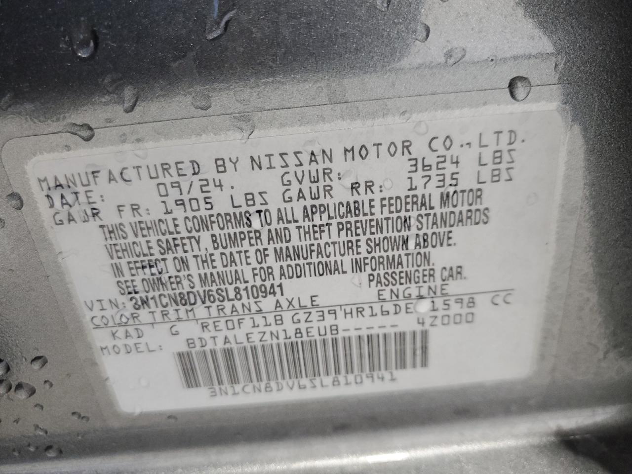 2025 Nissan Versa S VIN: 3N1CN8DV6SL810941 Lot: 93754125