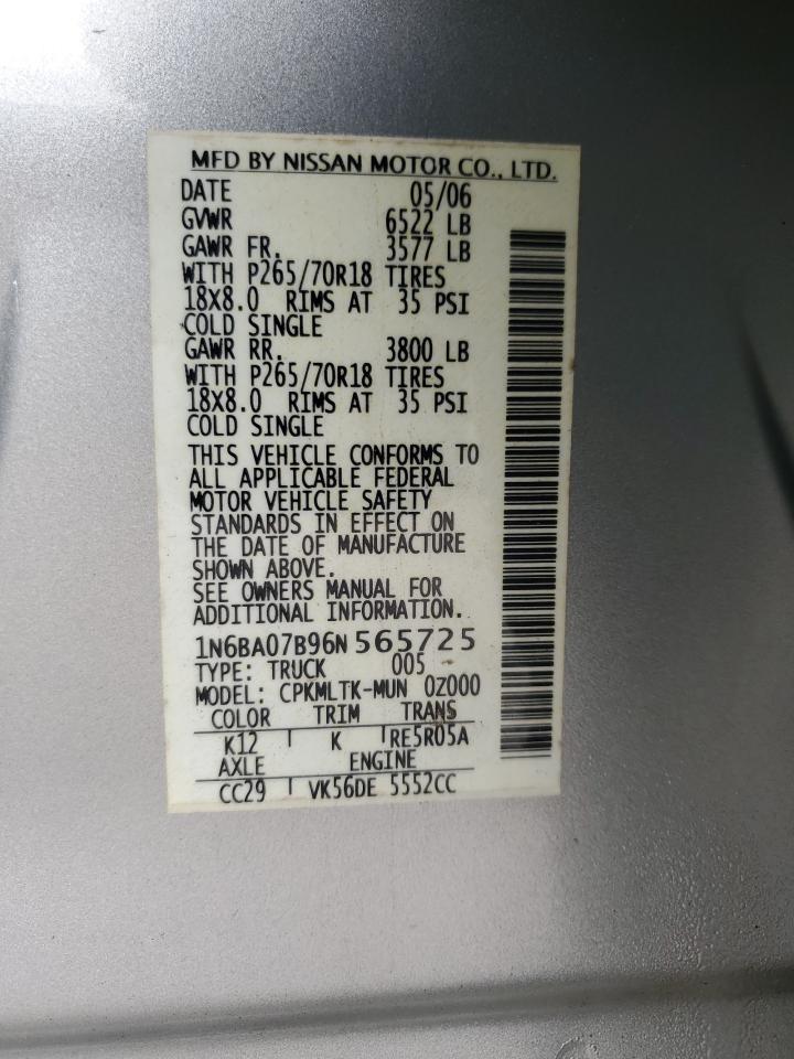2006 Nissan Titan Xe VIN: 1N6BA07B96N565725 Lot: 93705335