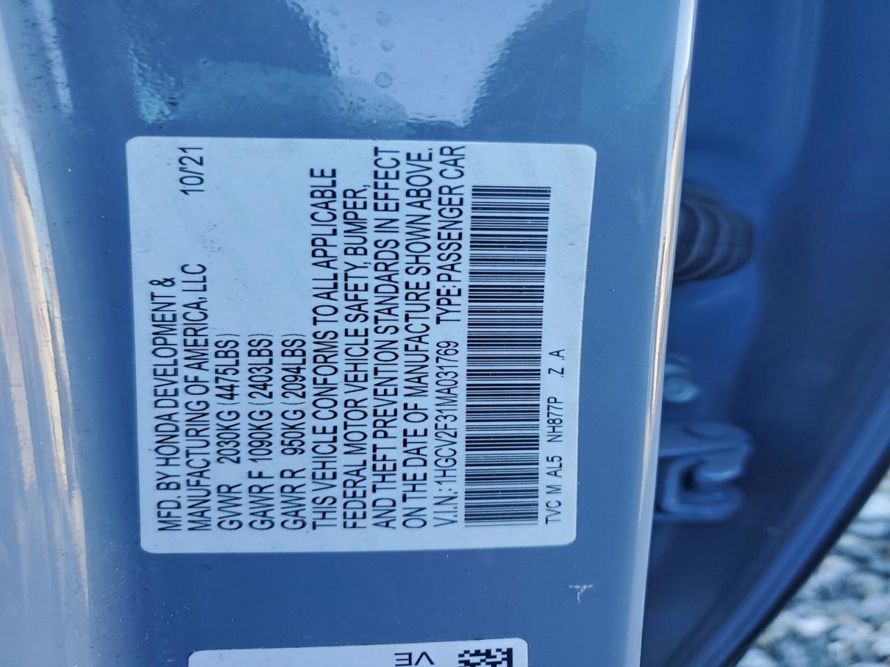 2021 Honda Accord Sport VIN: 1HGCV2F31MA031769 Lot: 94335085