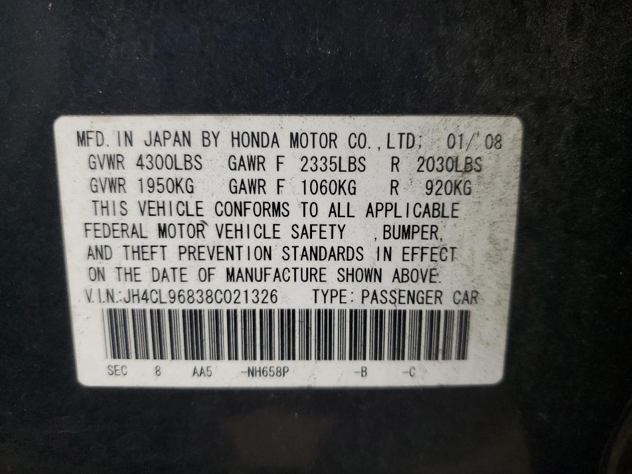 2008 Acura Tsx VIN: JH4CL96838C021326 Lot: 90930955