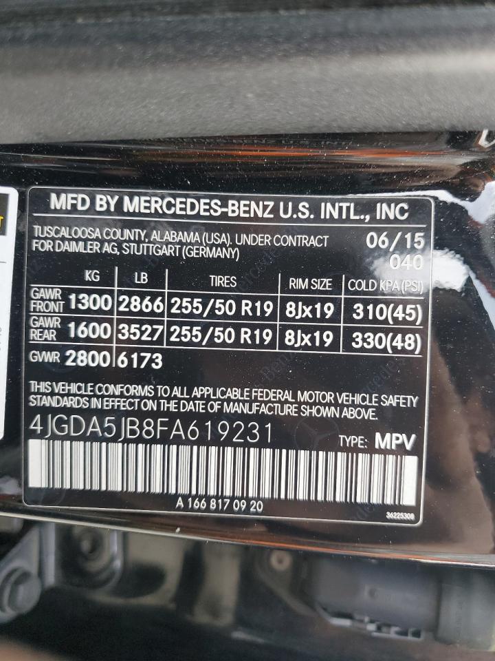 2015 Mercedes-Benz Ml 350 VIN: 4JGDA5JB8FA619231 Lot: 92469145