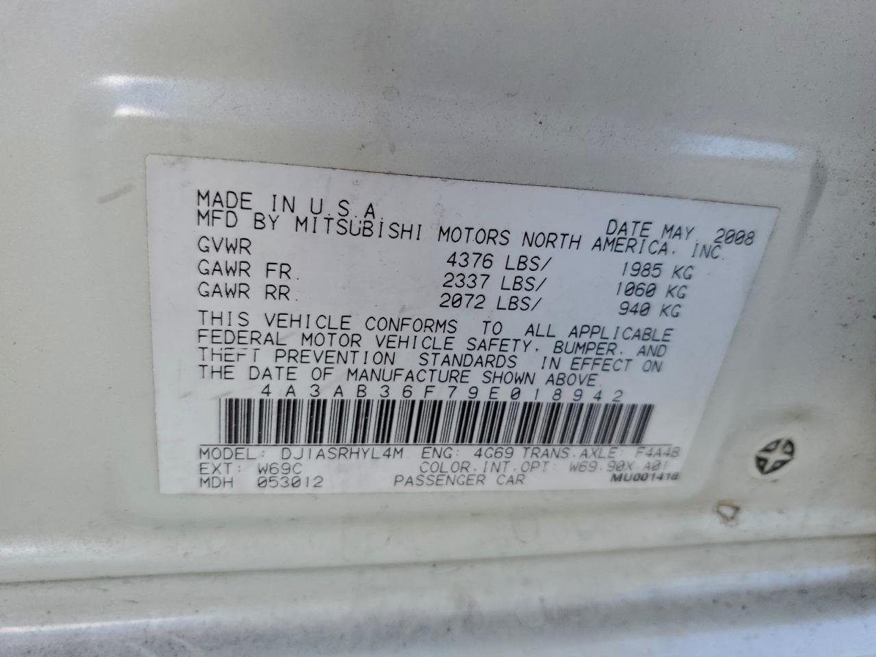 2009 Mitsubishi Galant Es VIN: 4A3AB36F79E018942 Lot: 94128585