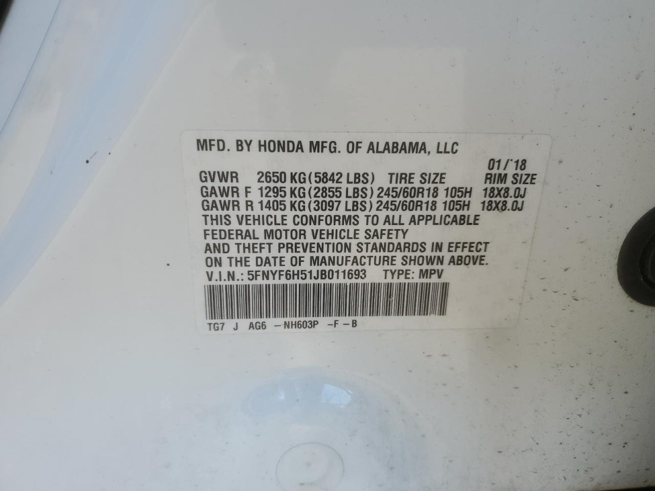 2018 Honda Pilot Exl VIN: 5FNYF6H51JB011693 Lot: 90525045