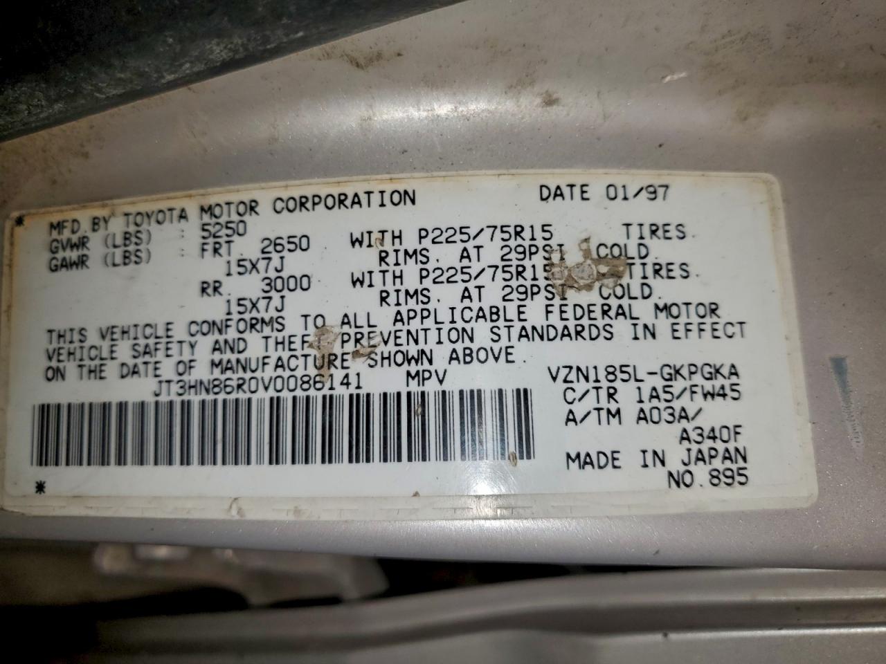 1997 Toyota 4Runner Sr5 VIN: JT3HN86R0V0086141 Lot: 93972015