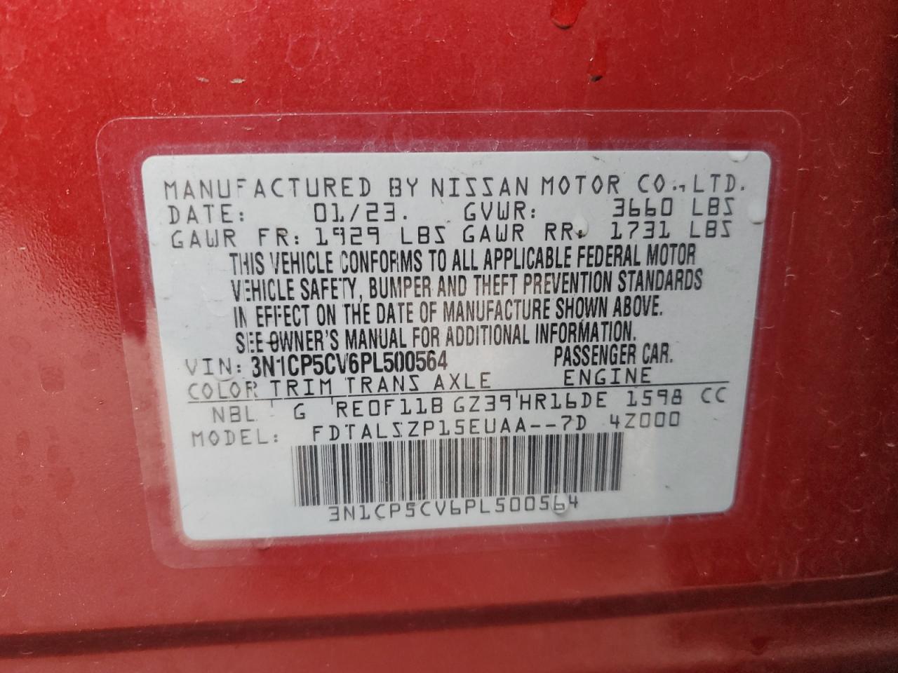 2023 Nissan Kicks Sv VIN: 3N1CP5CV6PL500564 Lot: 93570475