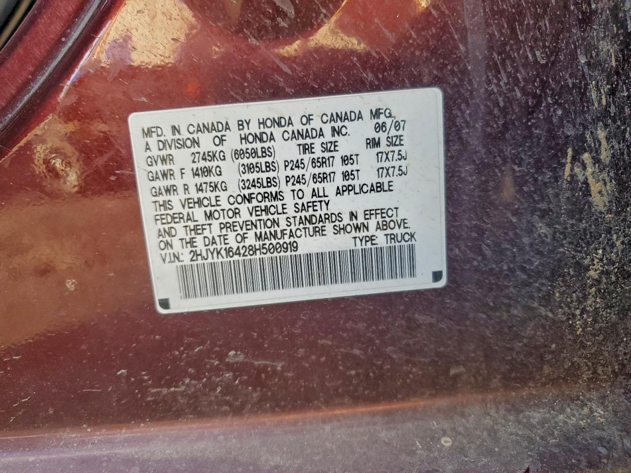 2008 Honda Ridgeline Rts VIN: 2HJYK16428H500919 Lot: 93772285