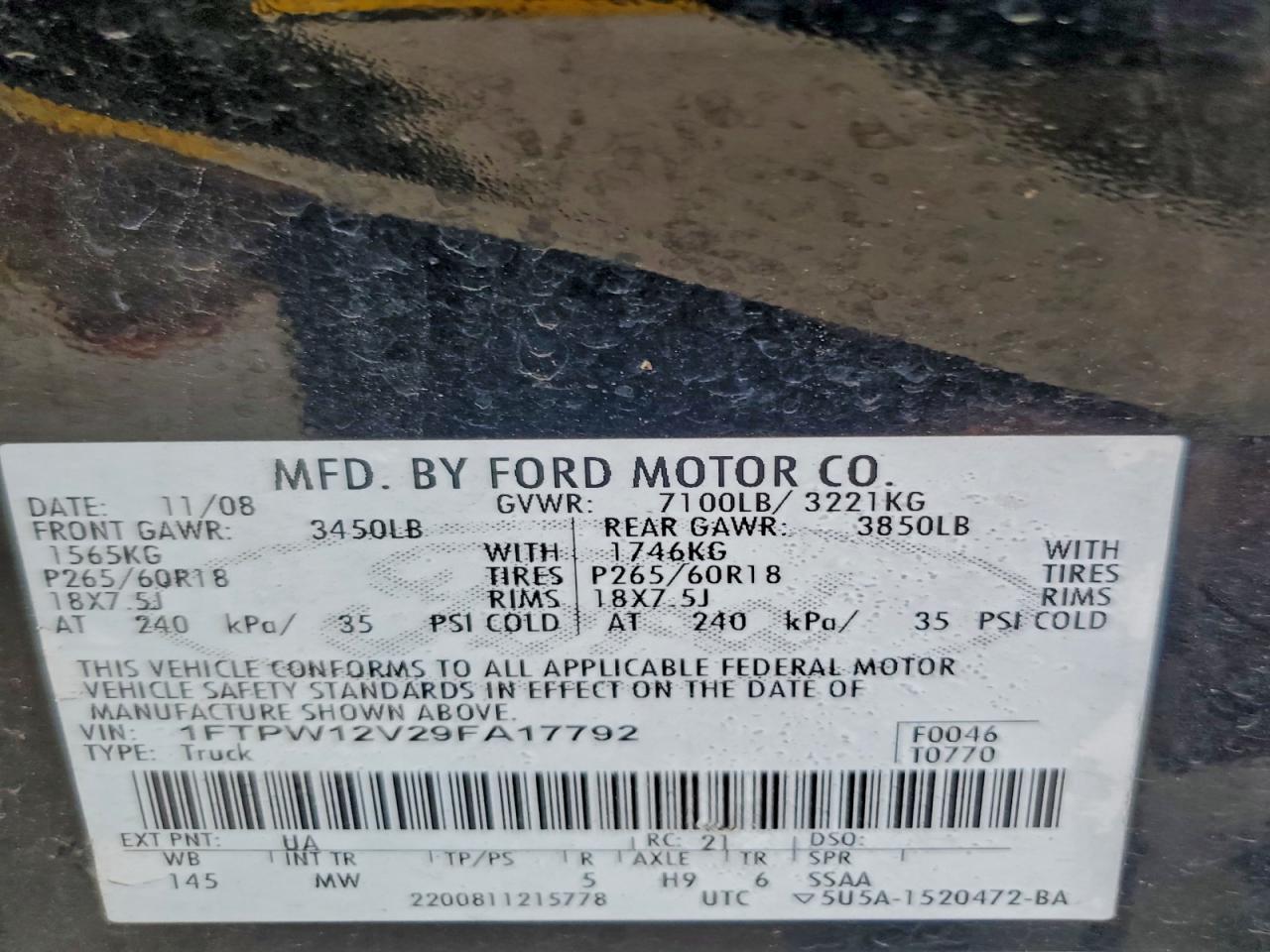 2009 Ford F150 Supercrew VIN: 1FTPW12V29FA17792 Lot: 93625635