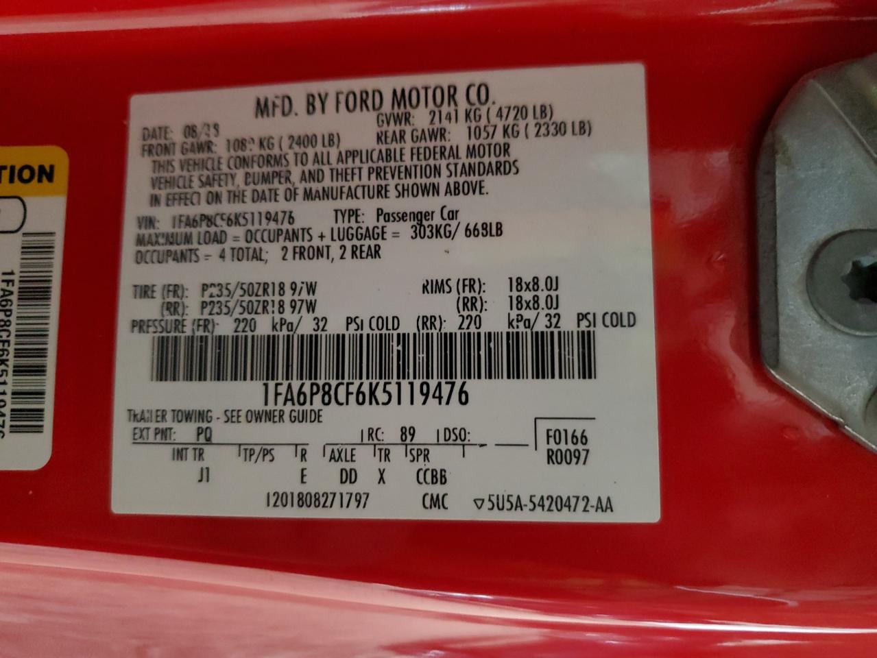 2019 Ford Mustang Gt VIN: 1FA6P8CF6K5119476 Lot: 93772145