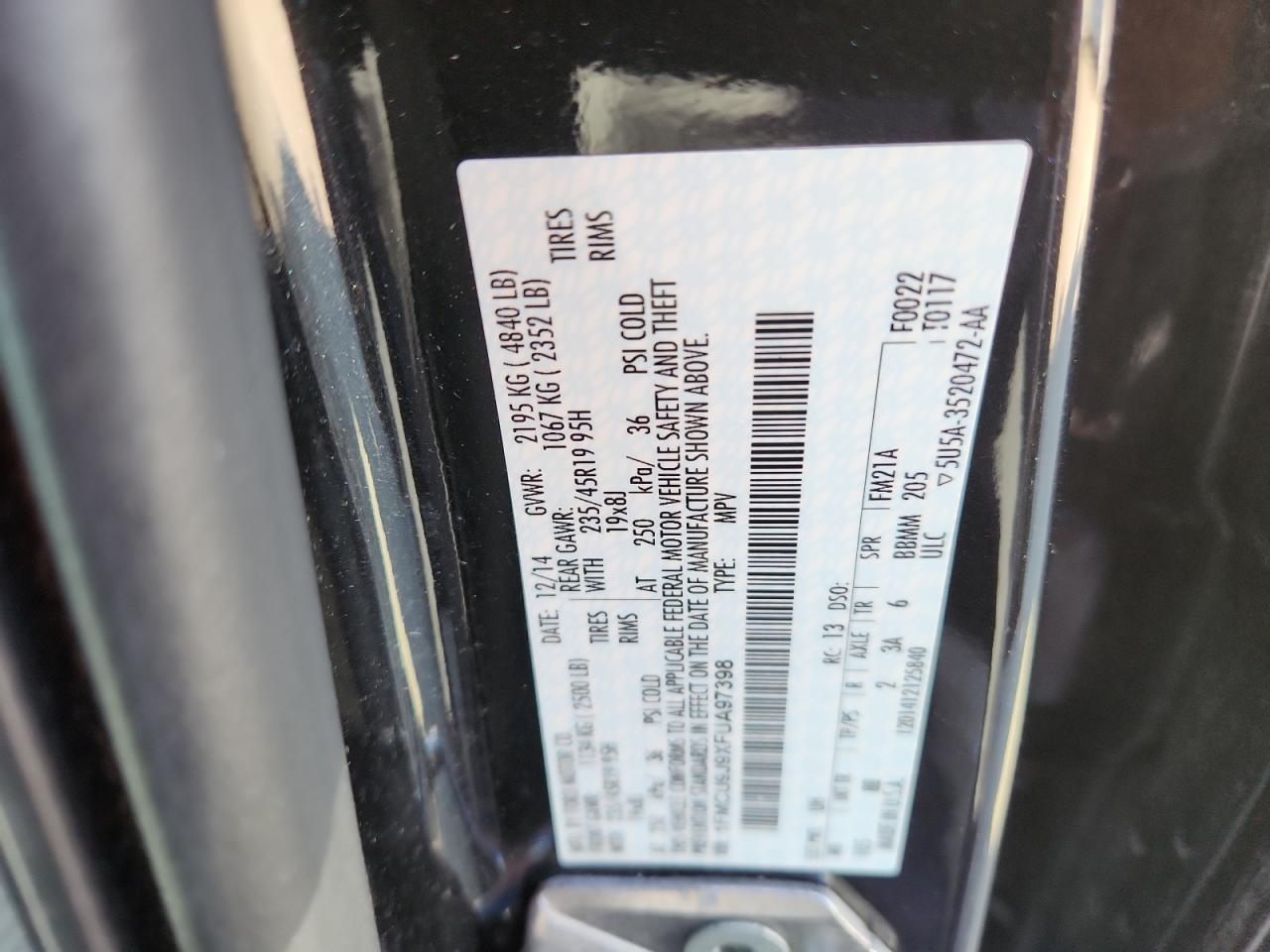 2015 Ford Escape Titanium VIN: 1FMCU9J9XFUA97398 Lot: 90702485