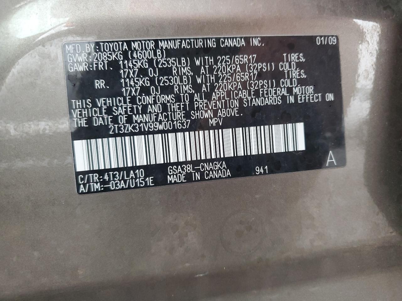 2009 Toyota Rav4 Limited VIN: 2T3ZK31V99W001637 Lot: 92565875