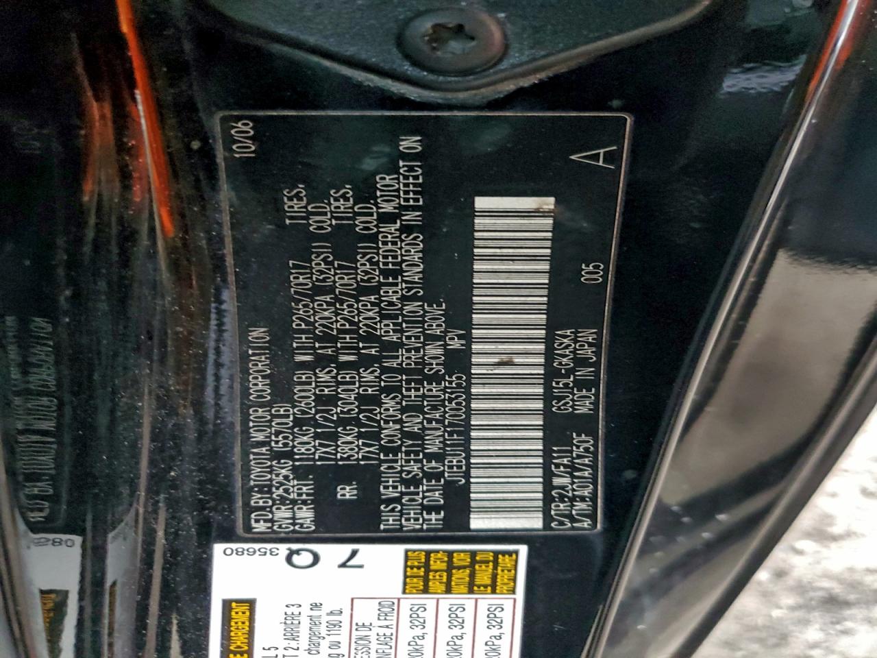 2007 Toyota Fj Cruiser VIN: JTEBU11F170053155 Lot: 93412015