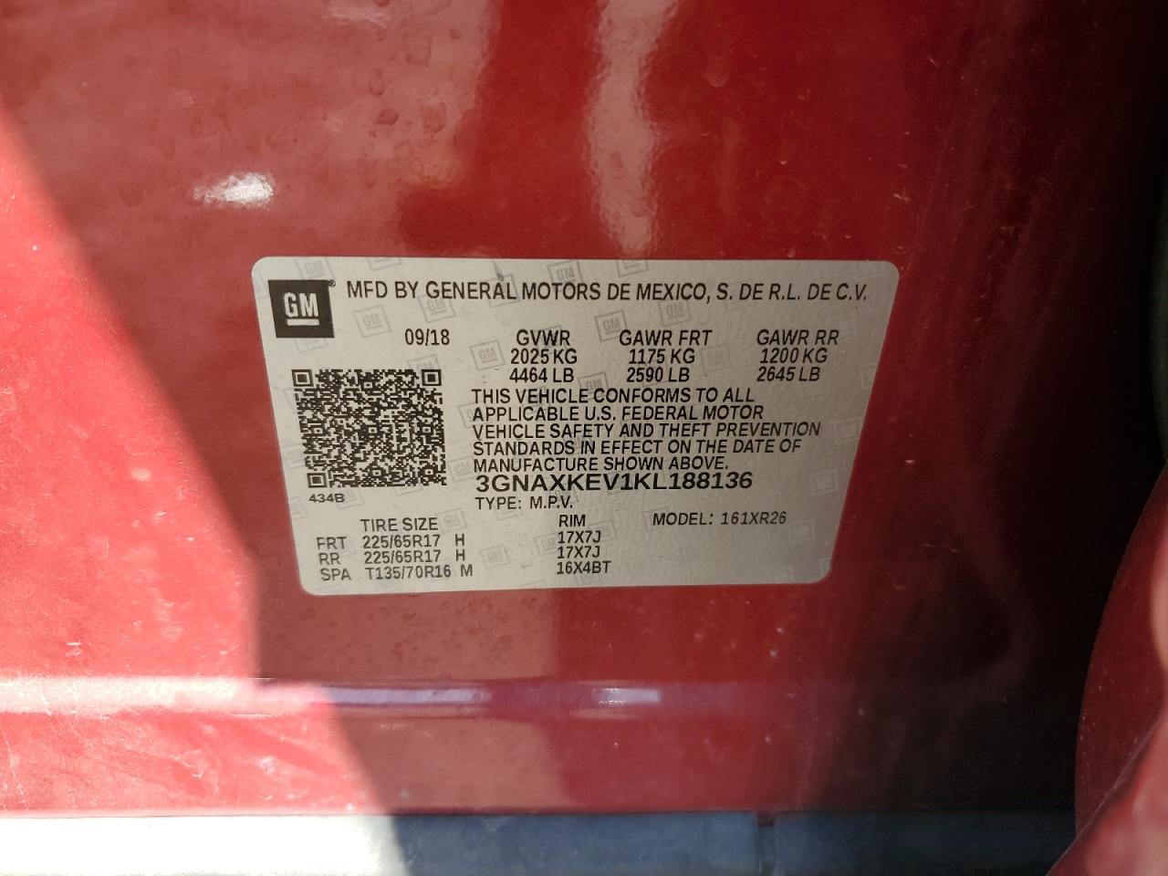 2019 Chevrolet Equinox Lt VIN: 3GNAXKEV1KL188136 Lot: 90587355