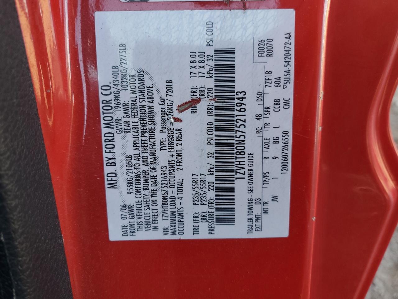 2007 Ford Mustang VIN: 1ZVHT80N575216943 Lot: 91714895