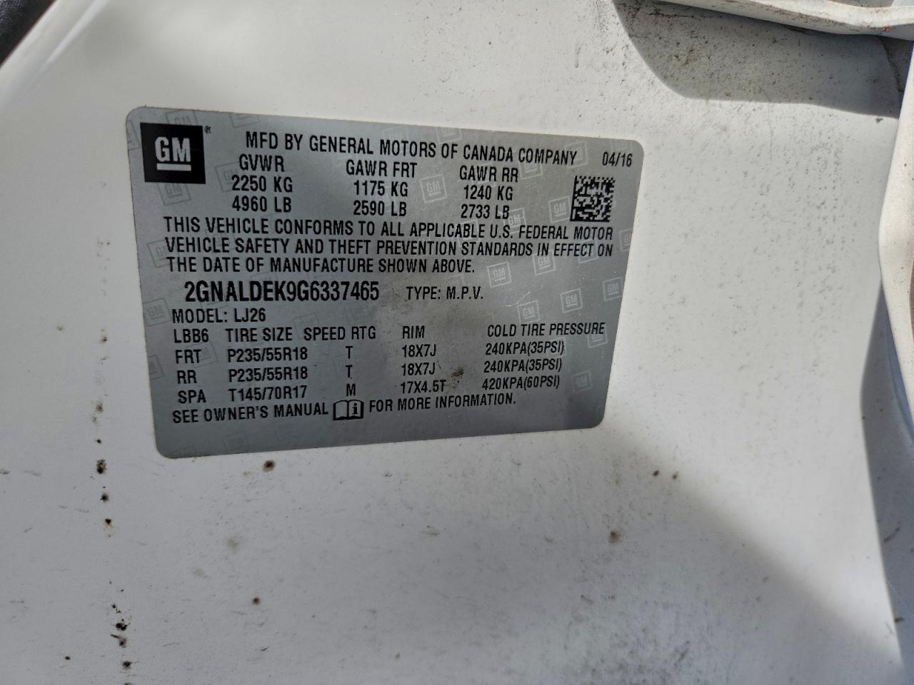 2016 Chevrolet Equinox Ltz VIN: 2GNALDEK9G6337465 Lot: 94557335