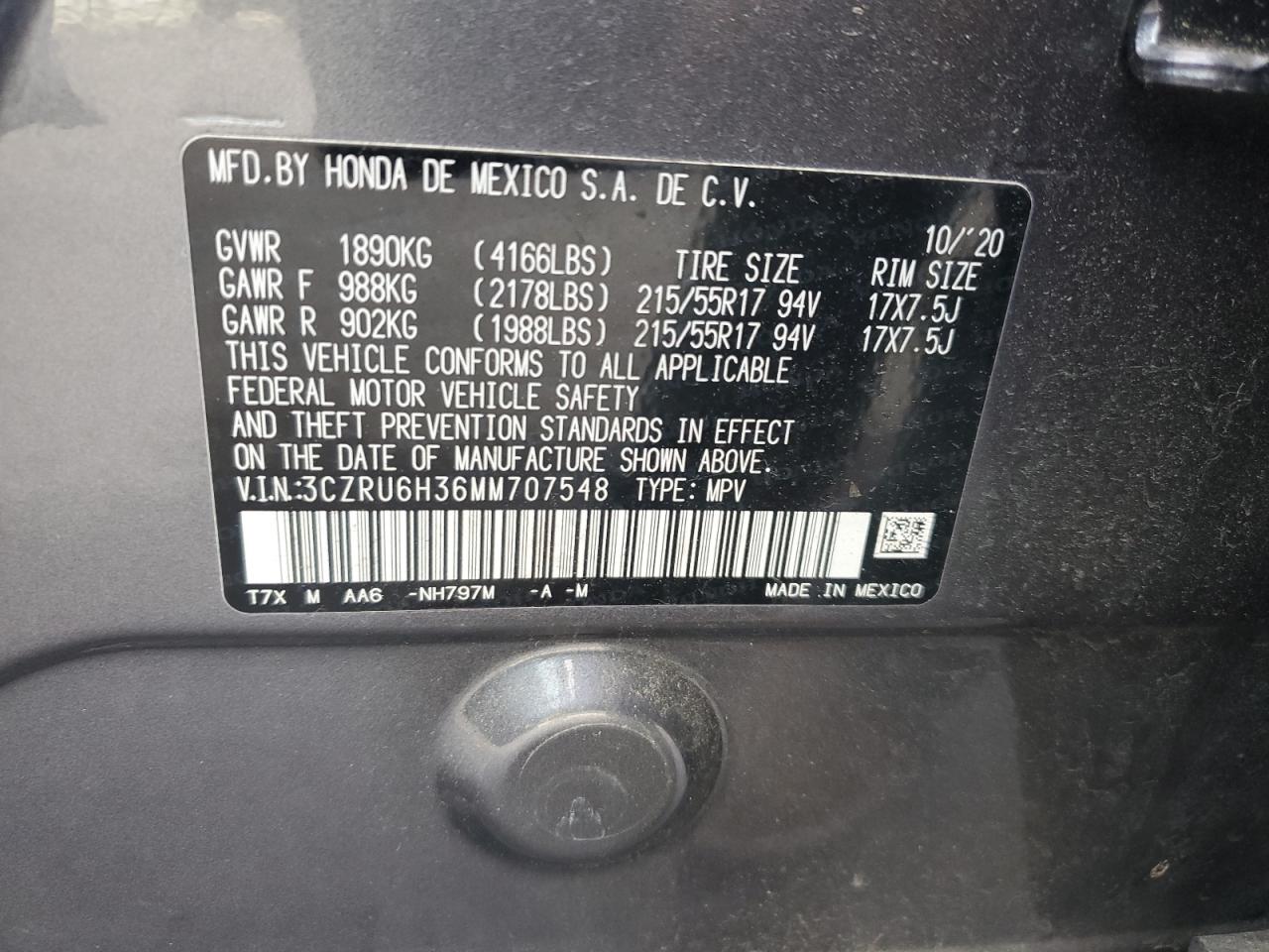 2021 Honda Hr-V Lx VIN: 3CZRU6H36MM707548 Lot: 92276245