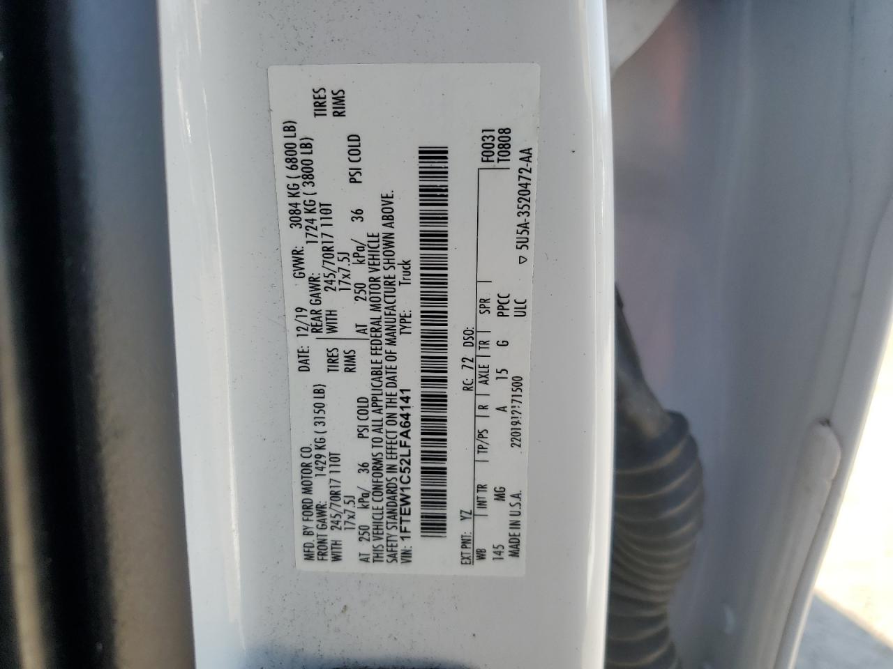 2020 Ford F150 Supercrew VIN: 1FTEW1C52LFA64141 Lot: 93295365