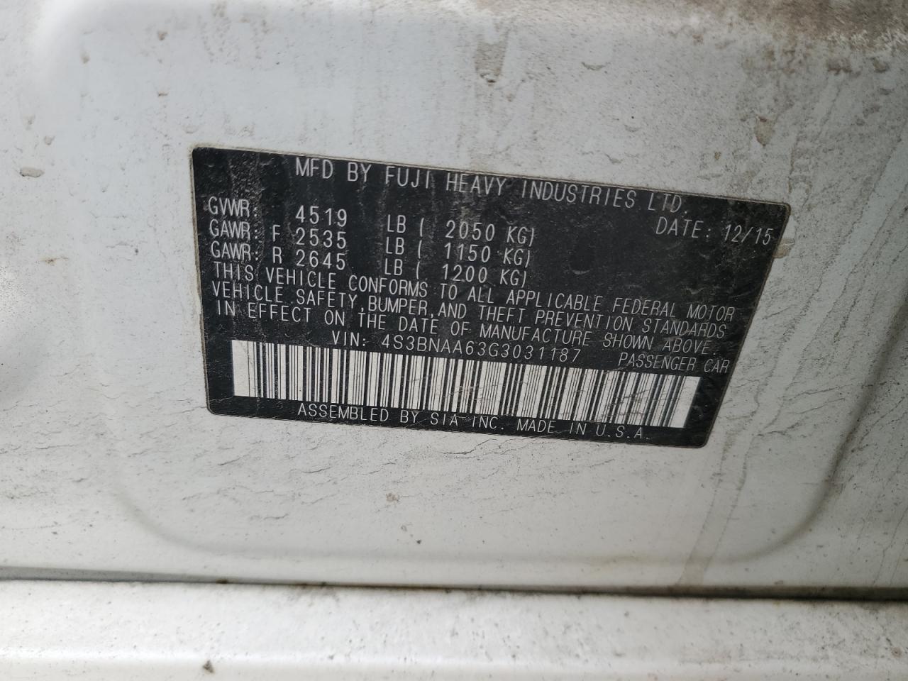 2016 Subaru Legacy 2.5I VIN: 4S3BNAA63G3031187 Lot: 92458925