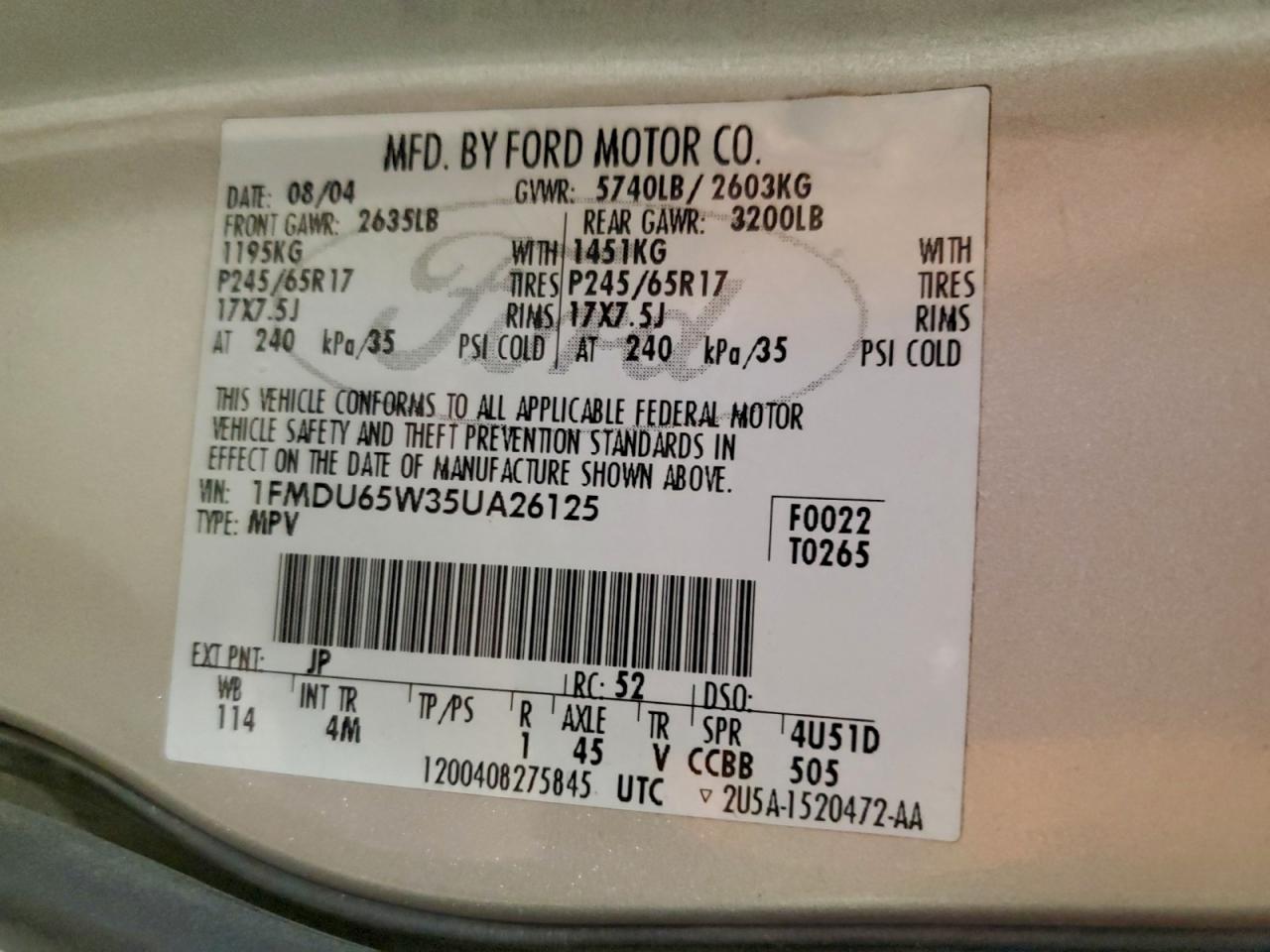 2005 Ford Explorer Limited VIN: 1FMDU65W35UA26125 Lot: 94362775