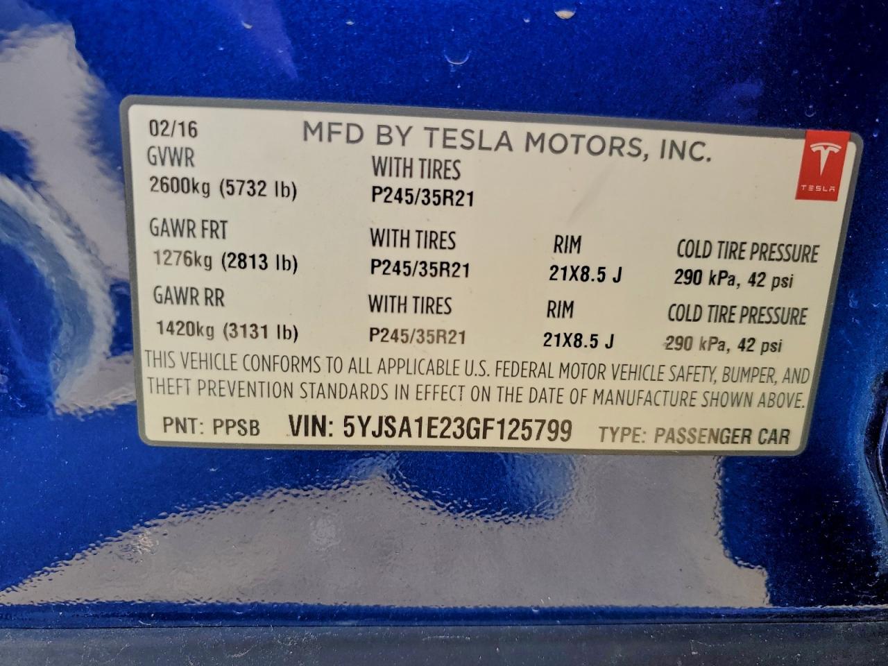 2016 Tesla Model S VIN: 5YJSA1E23GF125799 Lot: 94352895