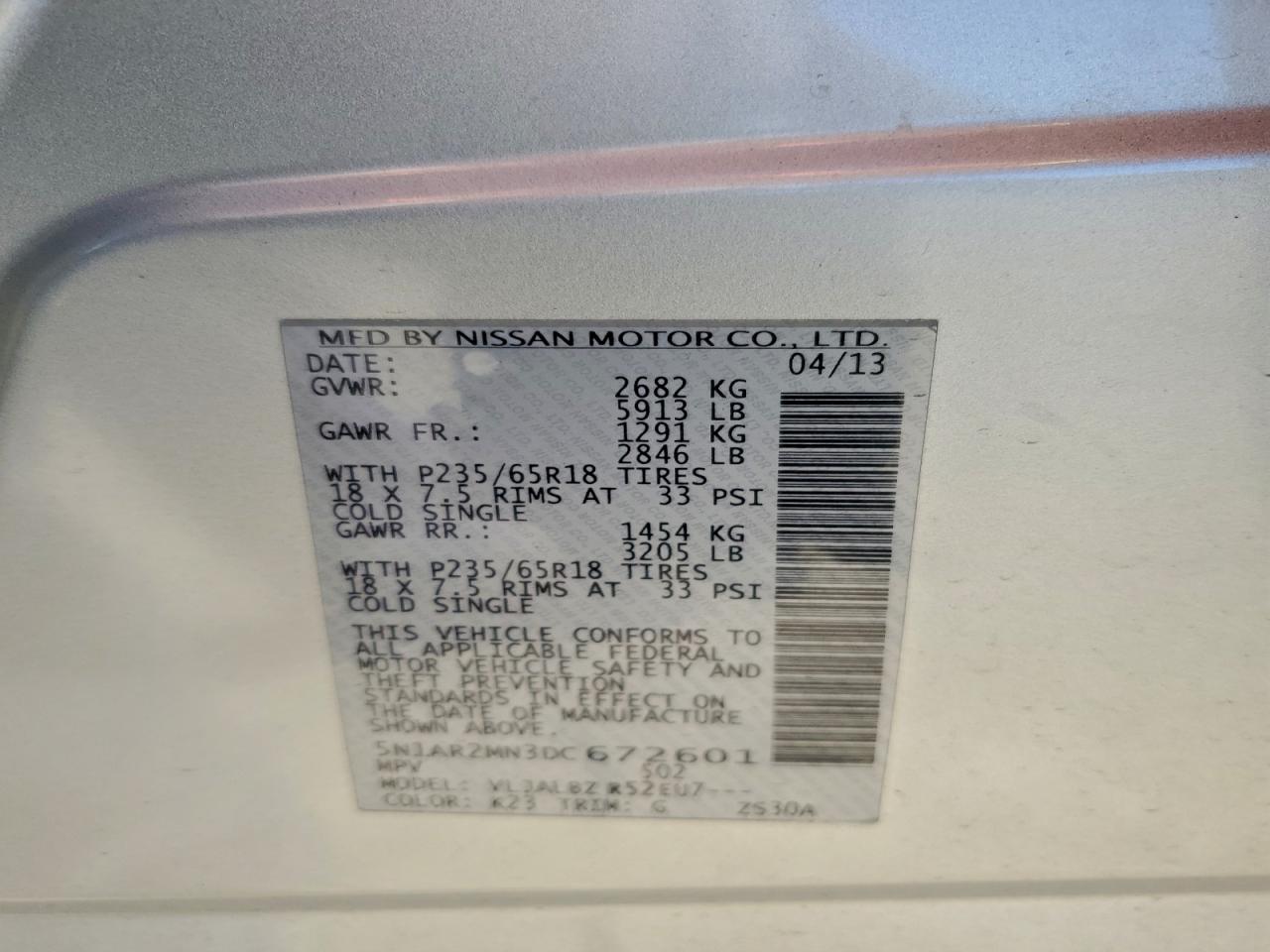 2013 Nissan Pathfinder S VIN: 5N1AR2MN3DC672601 Lot: 94719325