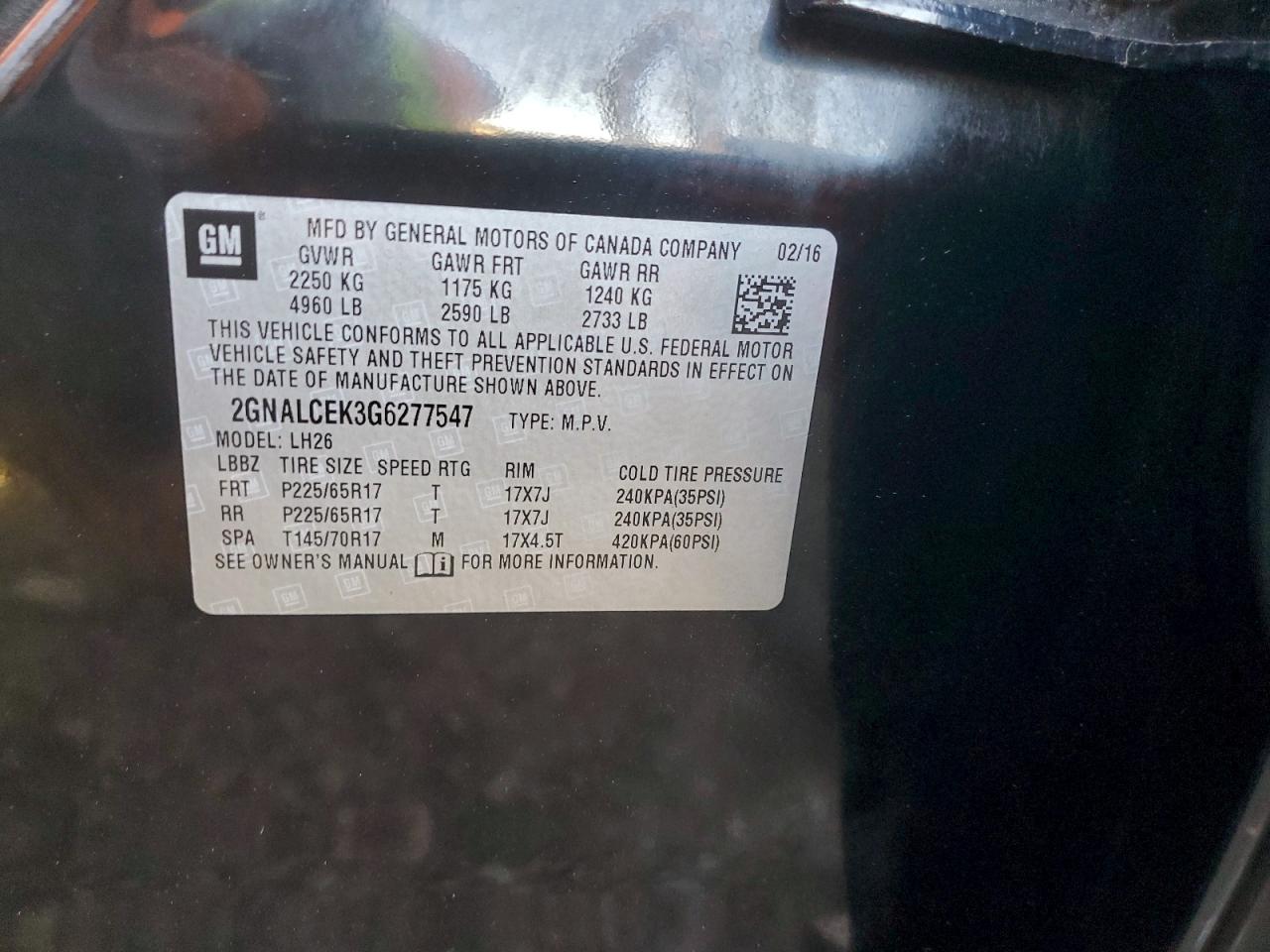 2016 Chevrolet Equinox Lt VIN: 2GNALCEK3G6277547 Lot: 94275775