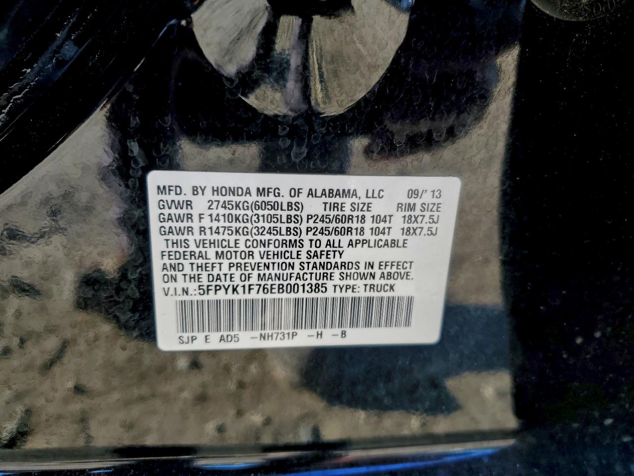 2014 Honda Ridgeline Sport VIN: 5FPYK1F76EB001385 Lot: 91558185