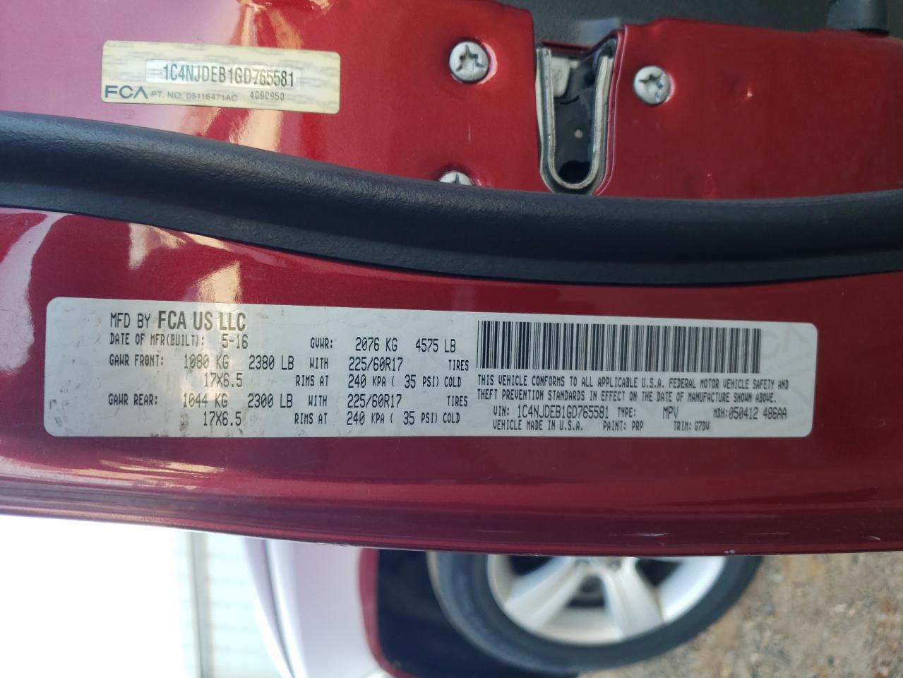 2016 Jeep Compass Latitude VIN: 1C4NJDEB1GD765581 Lot: 92867965