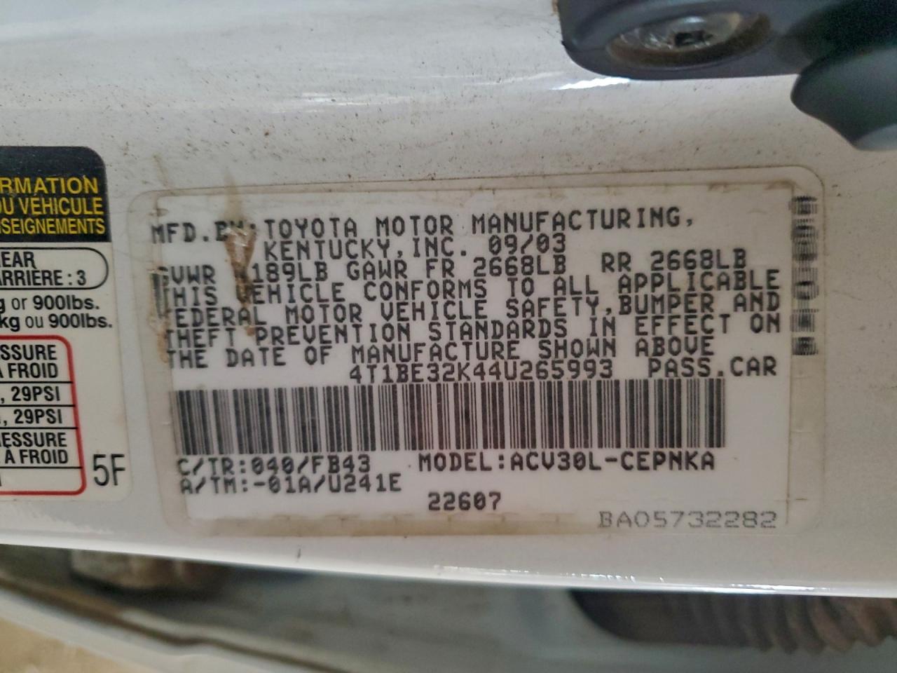 2004 Toyota Camry Le VIN: 4T1BE32K44U265993 Lot: 93788155