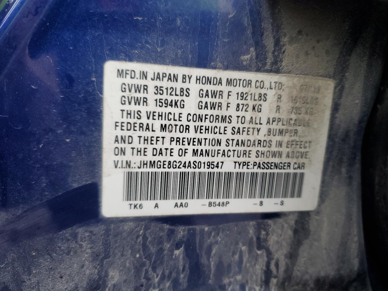 2010 Honda Fit VIN: JHMGE8G24AS019547 Lot: 93683645