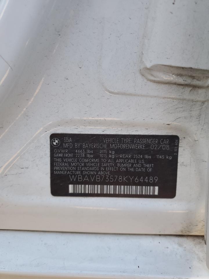 2008 BMW 335 I VIN: WBAVB73578KY64489 Lot: 93658615