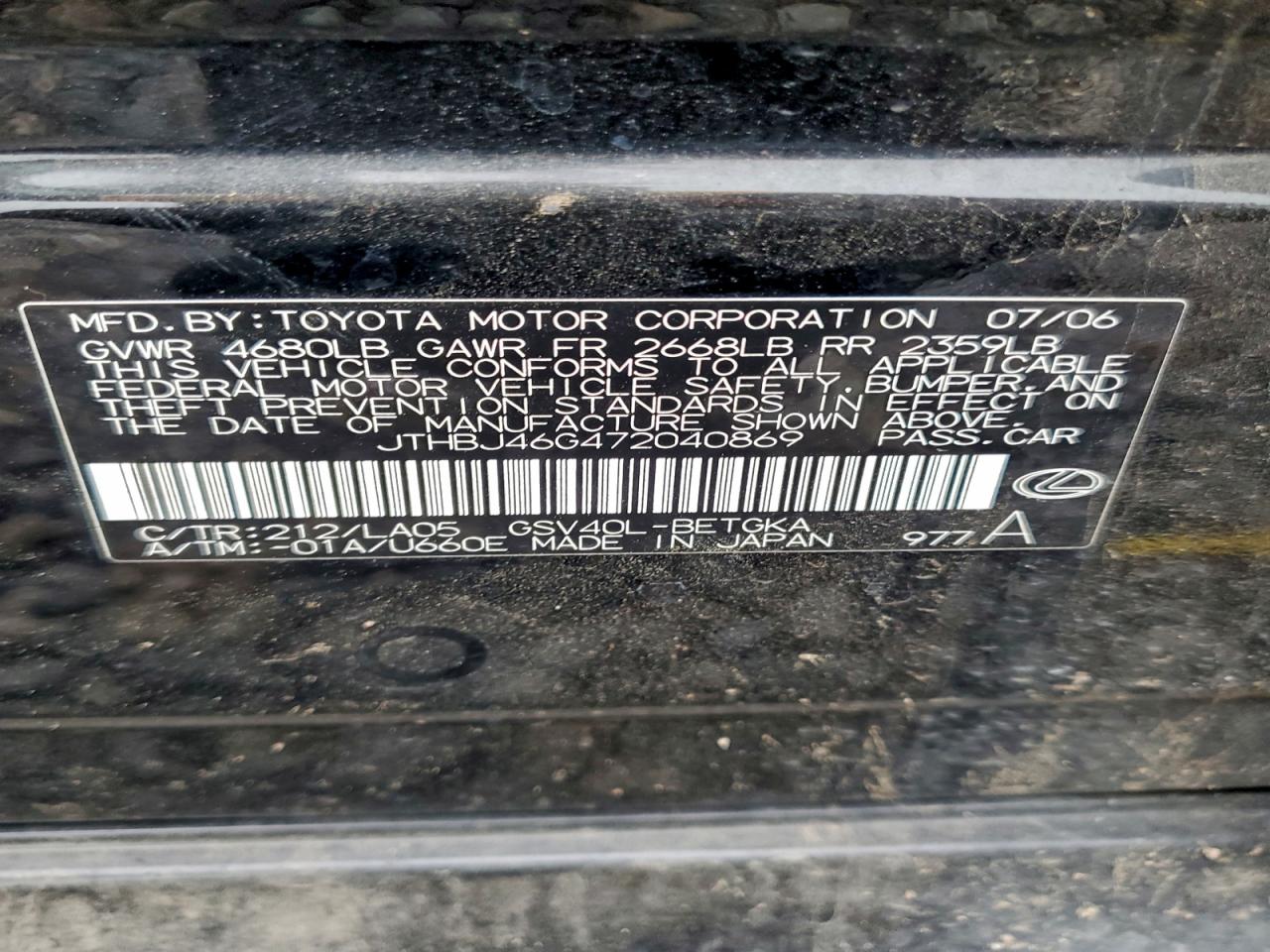 2007 Lexus Es 350 VIN: JTHBJ46G472040869 Lot: 93457705