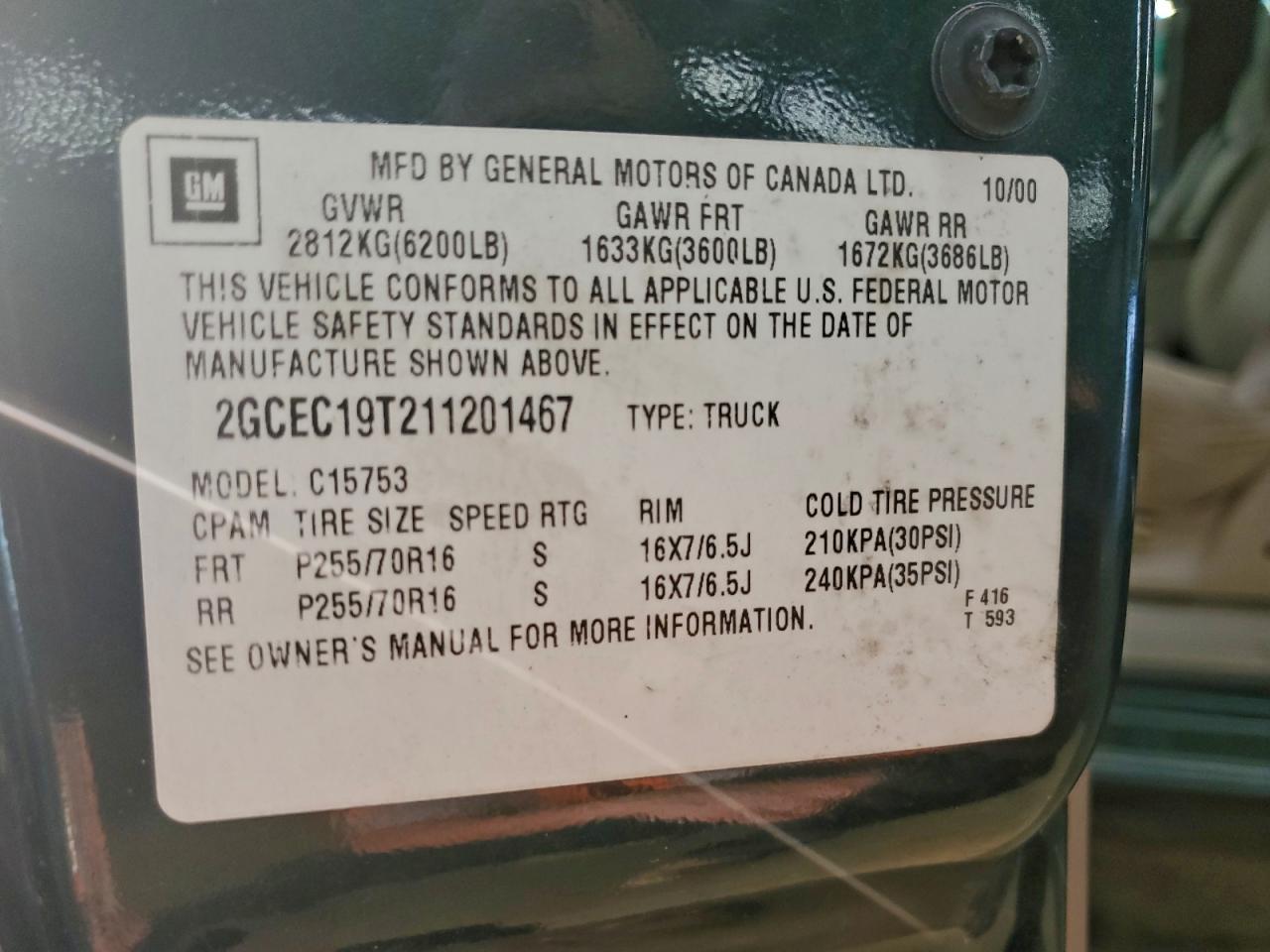 2001 Chevrolet Silverado C1500 VIN: 2GCEC19T211201467 Lot: 93952535