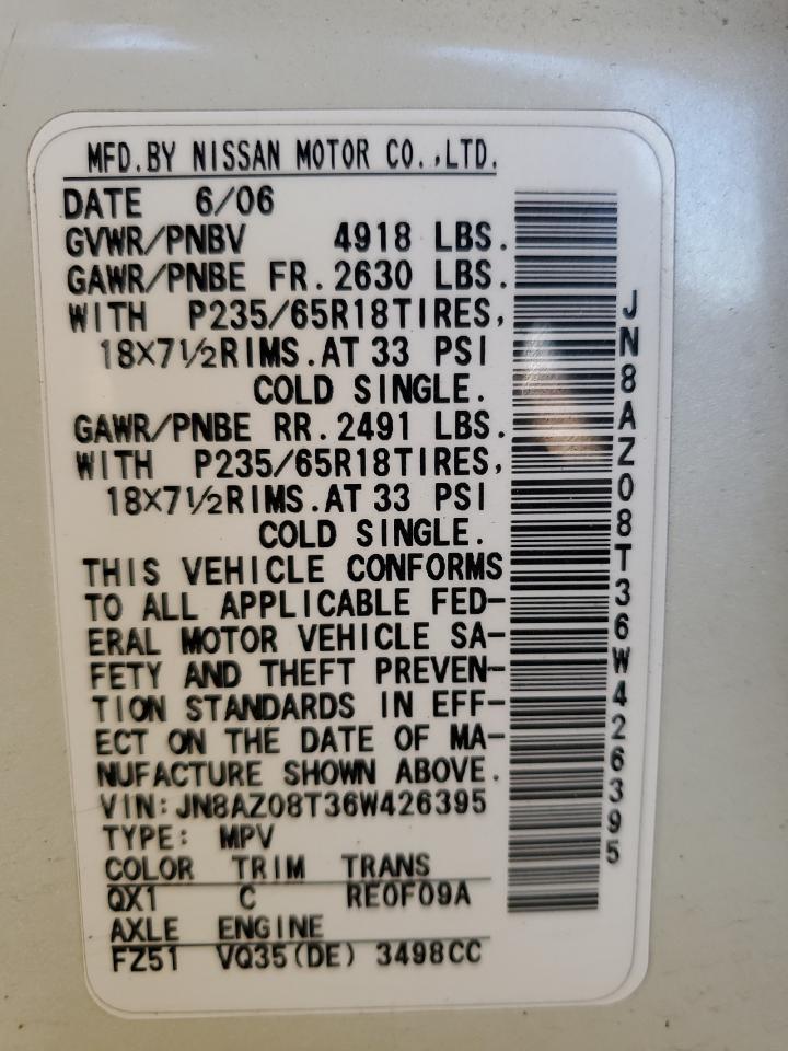 2006 Nissan Murano Sl VIN: JN8AZ08T36W426395 Lot: 92243615