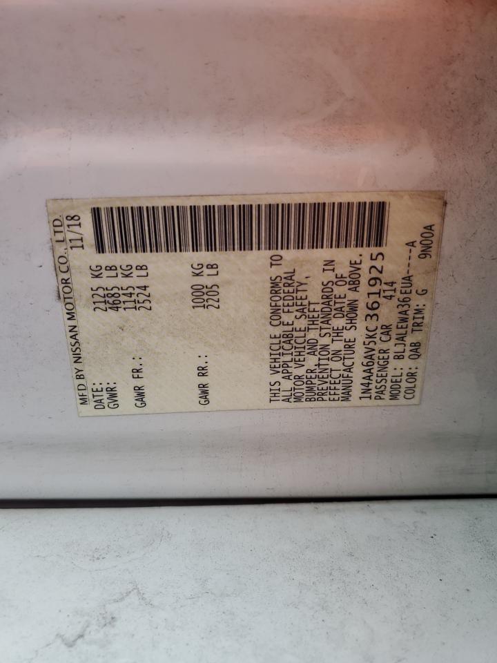 2019 Nissan Maxima S VIN: 1N4AA6AV5KC361925 Lot: 93148965