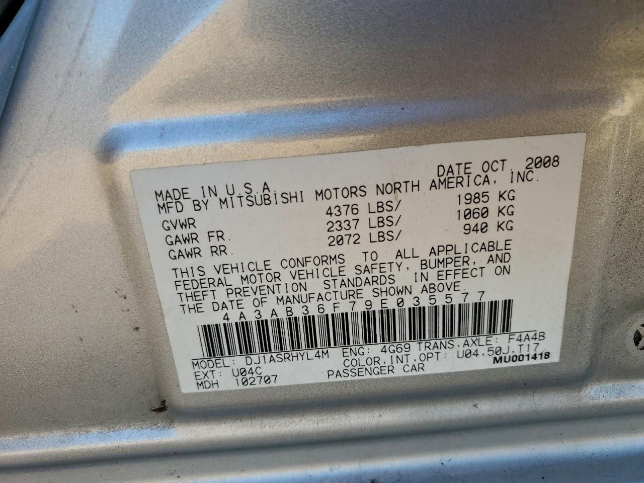 2009 Mitsubishi Galant Es VIN: 4A3AB36F79E035577 Lot: 93750915