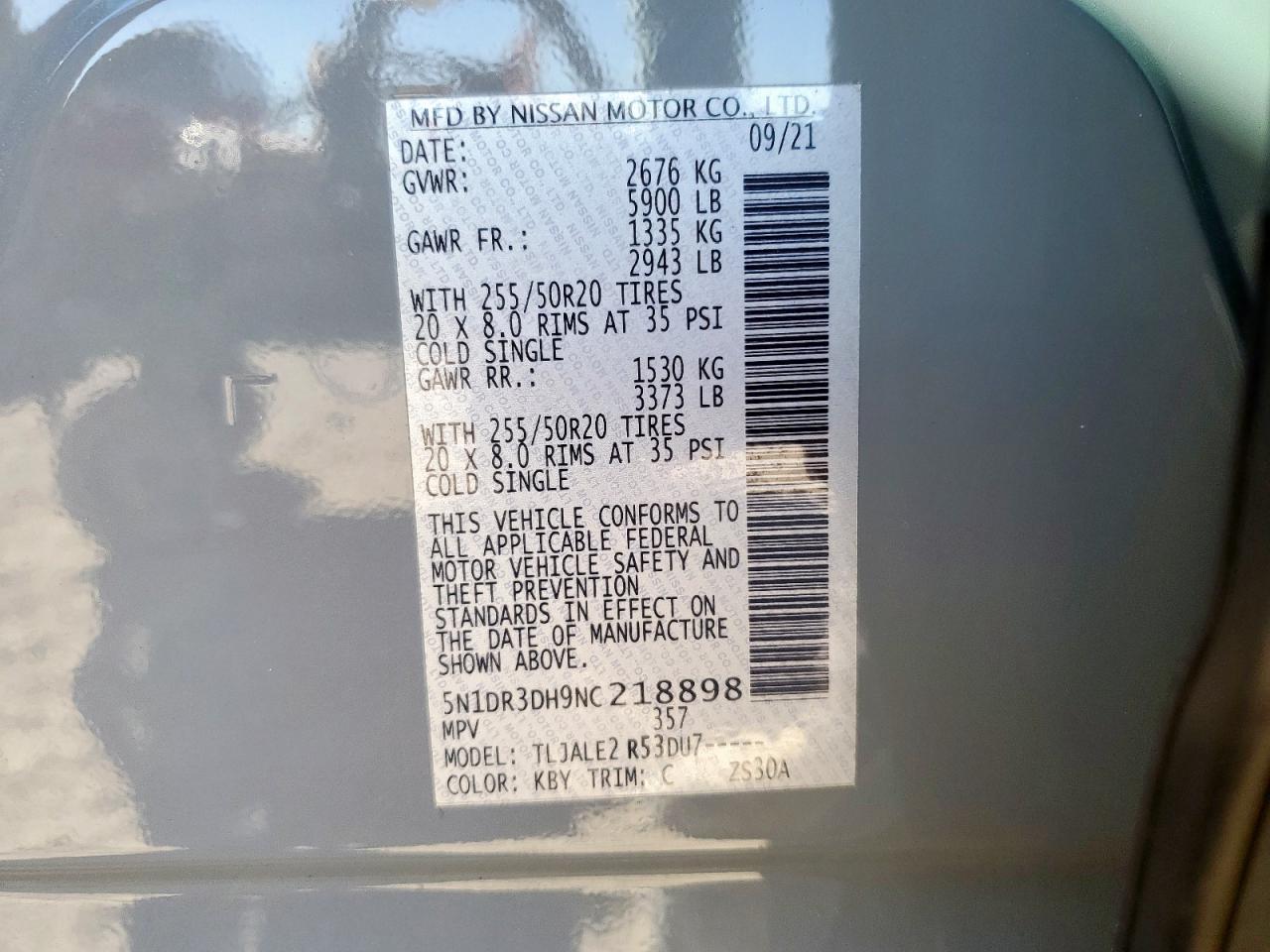 2022 Nissan Pathfinder Platinum VIN: 5N1DR3DH9NC218898 Lot: 92077535