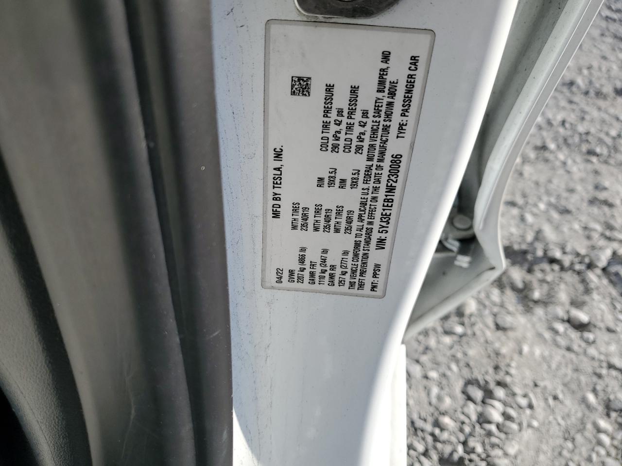 2022 Tesla Model 3 VIN: 5YJ3E1EB1NF230086 Lot: 93088065