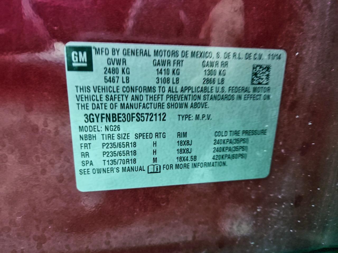 2015 Cadillac Srx Luxury Collection VIN: 3GYFNBE30FS572112 Lot: 93901655