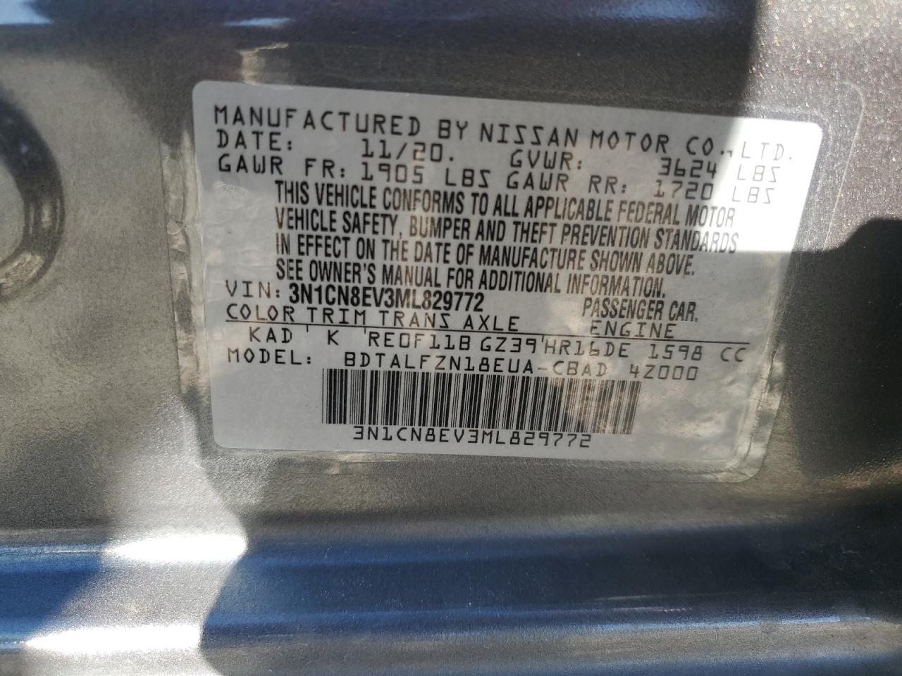 2021 Nissan Versa Sv VIN: 3N1CN8EV3ML829772 Lot: 90652175