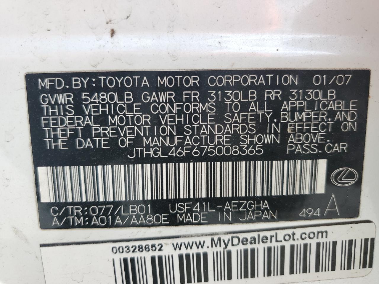 2007 Lexus Ls 460L VIN: JTHGL46F675008365 Lot: 90726555