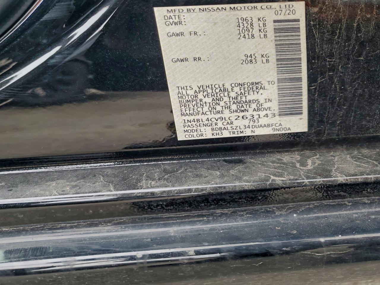2020 Nissan Altima Sr VIN: 1N4BL4CV9LC263143 Lot: 94187805