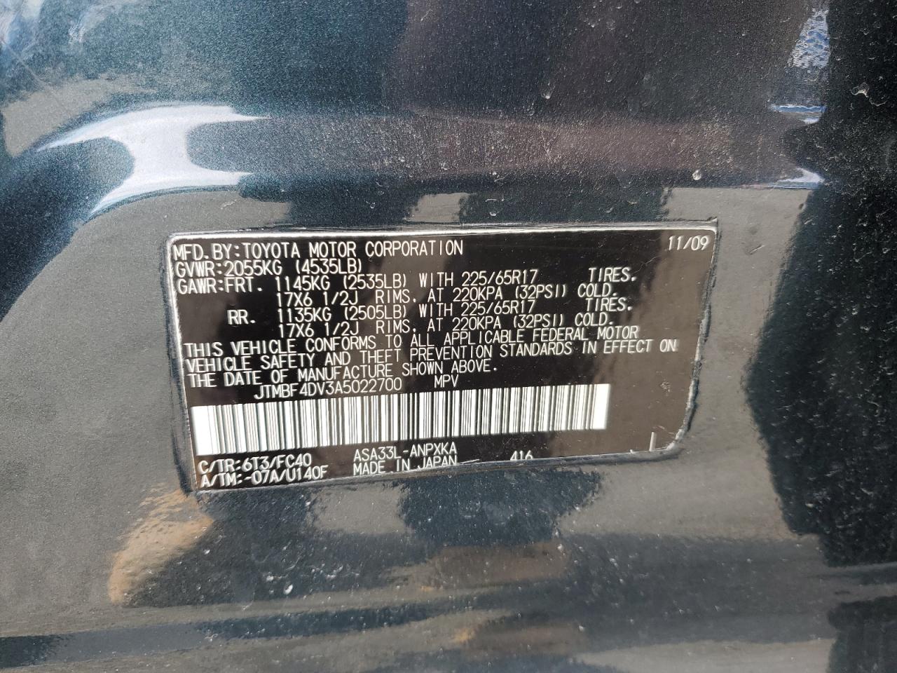 2010 Toyota Rav4 VIN: JTMBF4DV3A5022700 Lot: 93214775