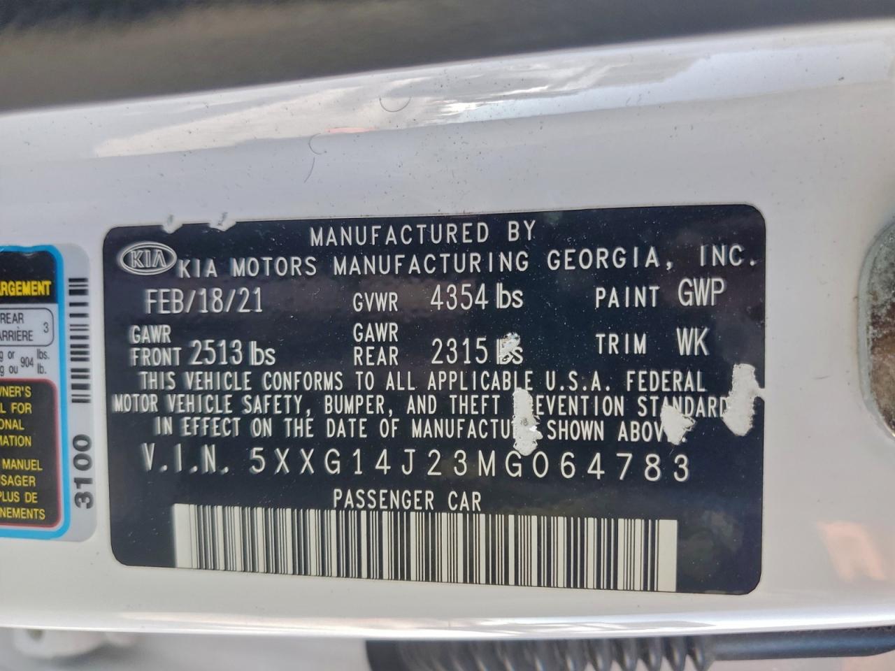 2021 Kia K5 Lxs VIN: 5XXG14J23MG064783 Lot: 94598305