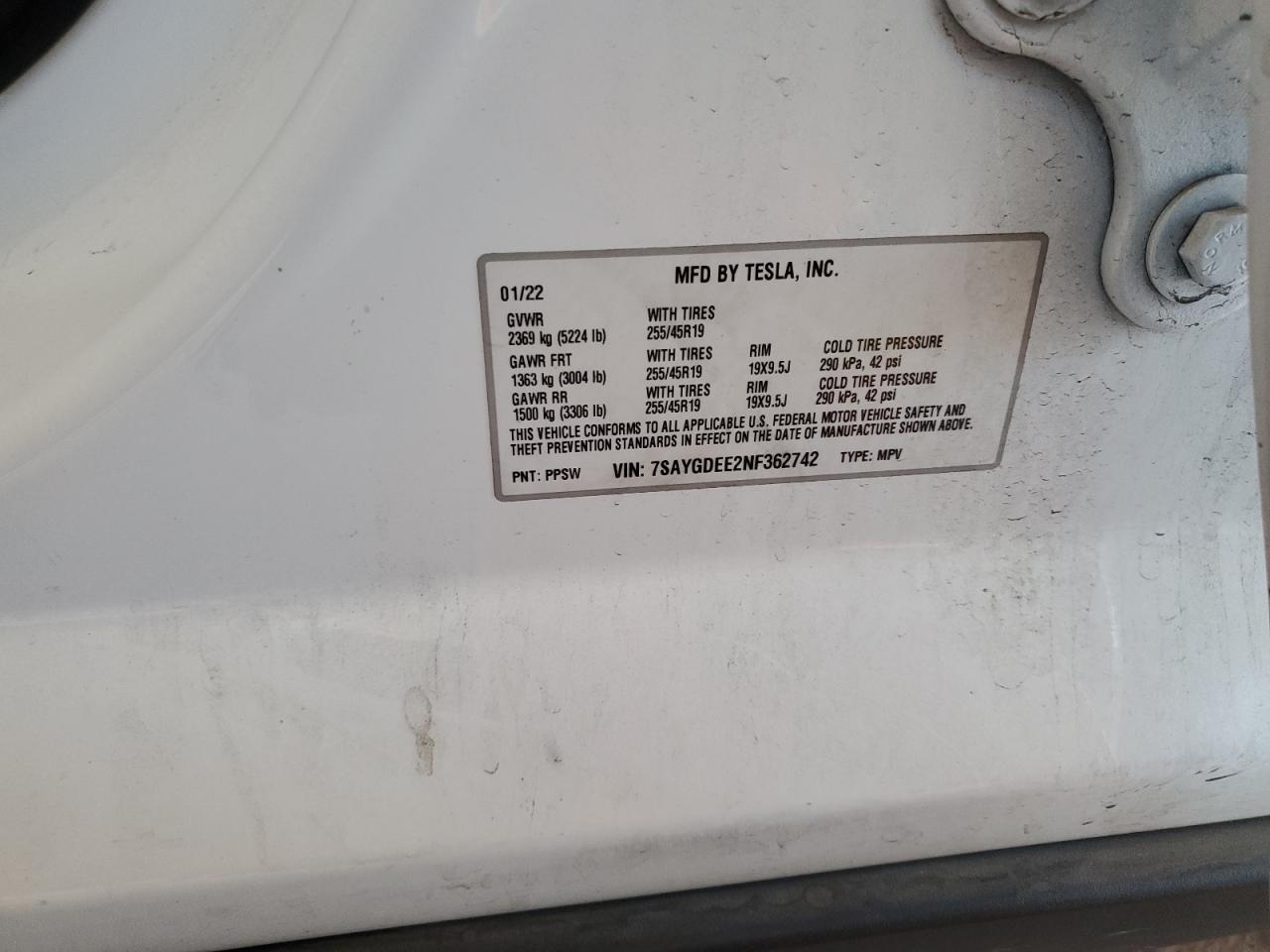 2022 Tesla Model Y VIN: 7SAYGDEE2NF362742 Lot: 91436205