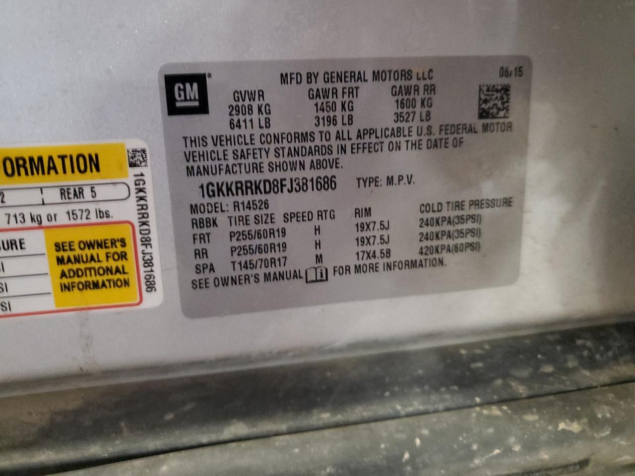 2015 GMC Acadia Slt-1 VIN: 1GKKRRKD8FJ381686 Lot: 91041055
