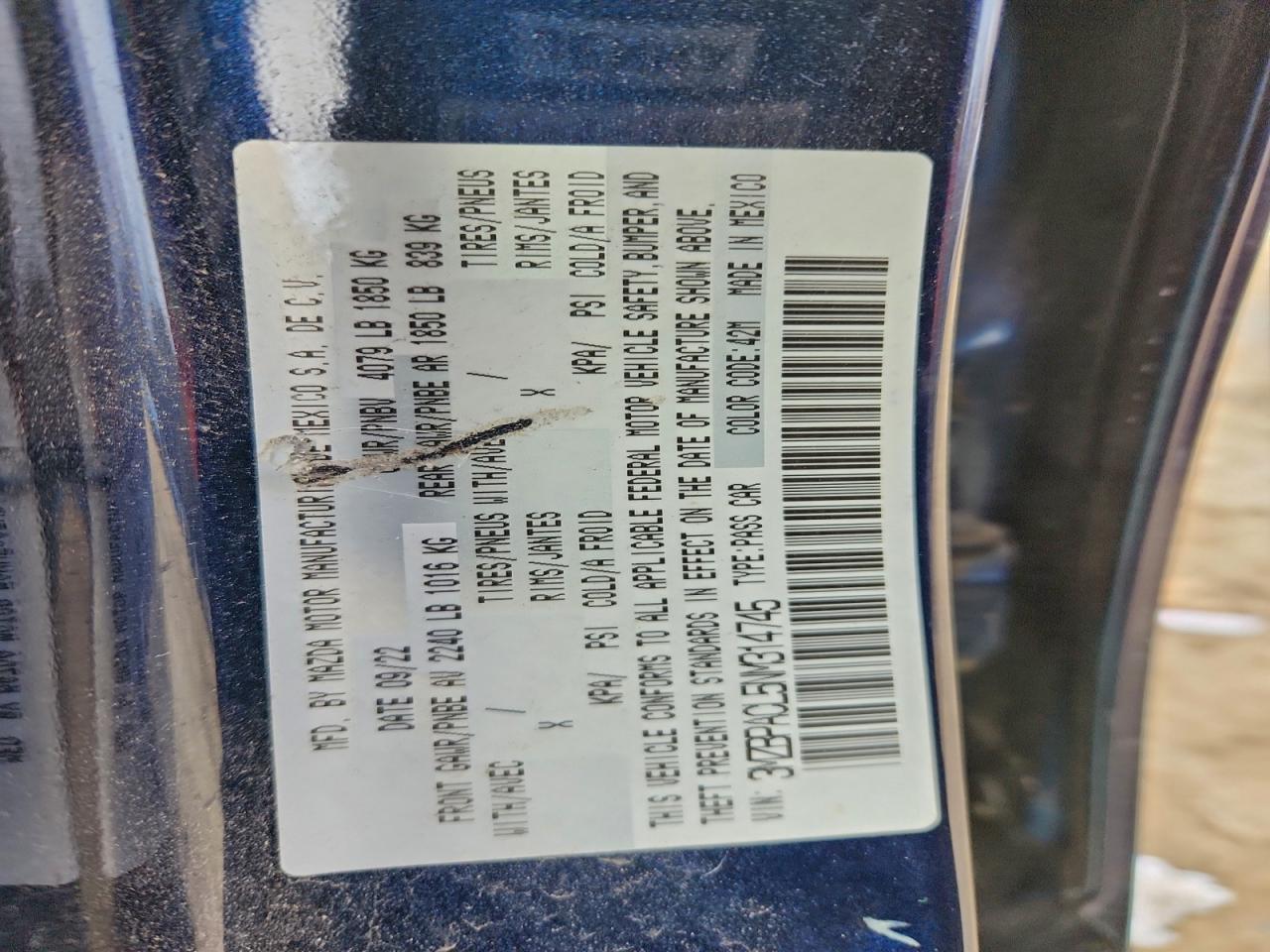 2022 Mazda 3 Preferred VIN: 3MZBPACL5NM314745 Lot: 94289345