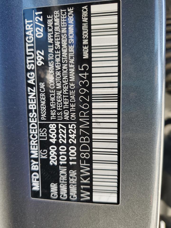 2021 Mercedes-Benz C 300 VIN: W1KWF8DB7MR629345 Lot: 90970365